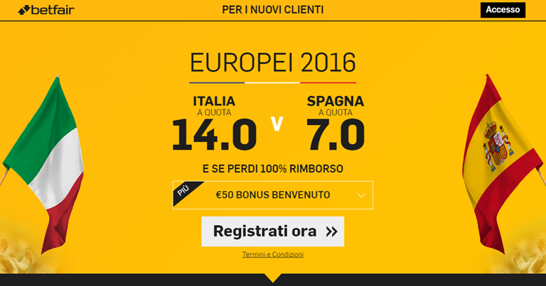 Betfair - Quota Maggiorata Italia - Spagna Euro 2016 su BonusVip
