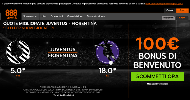 888 Quote Migliorate Juventus-Fiorentina su BonusVip